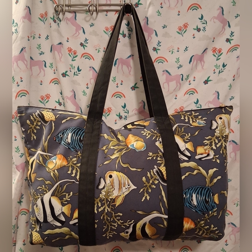 EUC Jim Thompson Navy Silk Tropical Fish Coral Reef Casual Travel Tote Purse Bag - Picture 3 of 10
